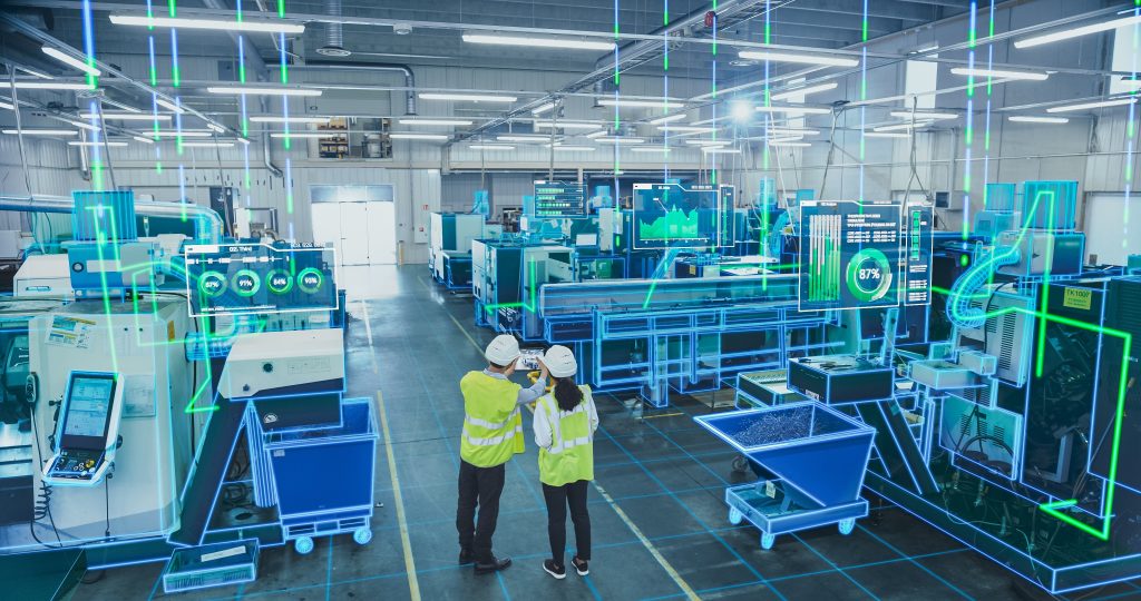 wo Industrial Engineers Use Tablet Computer, Big Data Statistics Visualization, Optimization of High-Tech Electronics Facility. Industry Four Machinery Manufacturing Products
