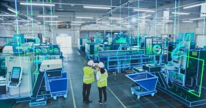 wo Industrial Engineers Use Tablet Computer, Big Data Statistics Visualization, Optimization of High-Tech Electronics Facility. Industry Four Machinery Manufacturing Products